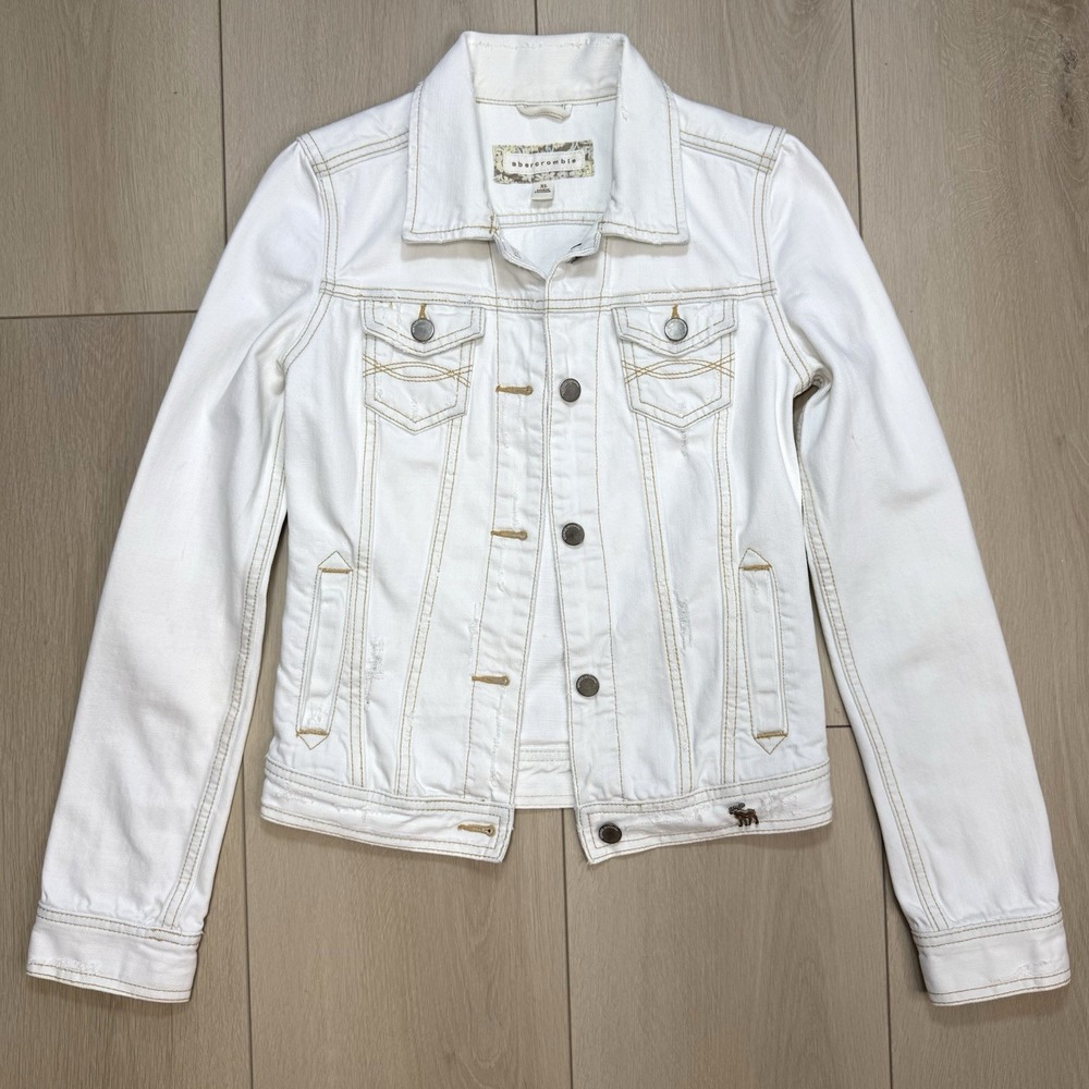VTG Abercrombie‎ White Denim Jacket Girls XL Y2K Floral Lined Distressed Trucker